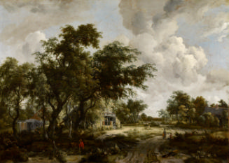 Oil painting of landscape with house and trees
