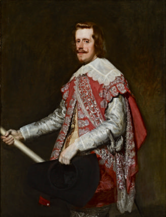 oil painting of King Philip IV of Spain dressed in a silver and rose costume and holding a blac…