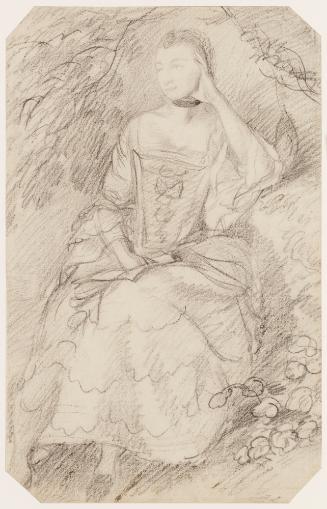 Black chalk drawing of a seated woman facing left wearing a sumptuous gown with a landscape bac…