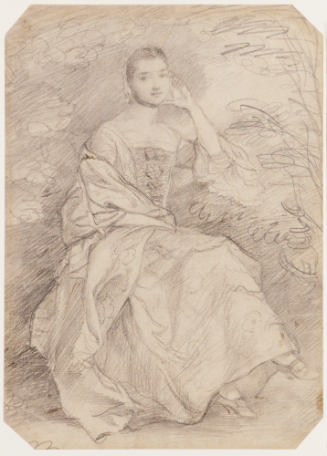 Black chalk and pencil drawing of a woman seated in a landscape.