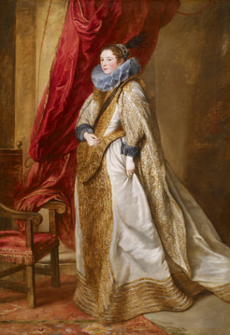Oil painting of standing woman wearing white and gold dress with collar