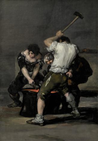 Oil painting of three men working at an iron forge.