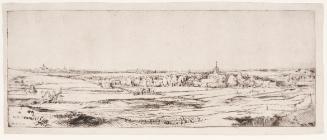 Black and white etching of a panoramic landscape of fields and rolling hills with a small villa…