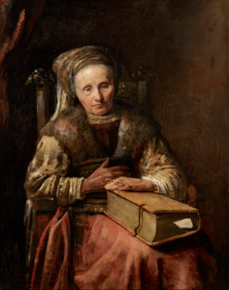 Oil painting of a sitting woman holding a book on her lap