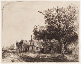 Black and white etching of a landscape with three cottages along a road, with a large tree in f…