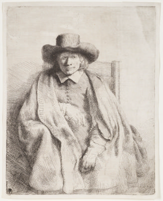 Black and white etching of a portrait of a man seated in a wooden chair wearing a large hat and…