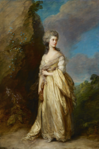 Oil painting of woman wearing yellow dress standing outside
