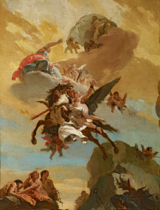 oil painting of Perseus and Andromeda riding Pegasus through the sky 