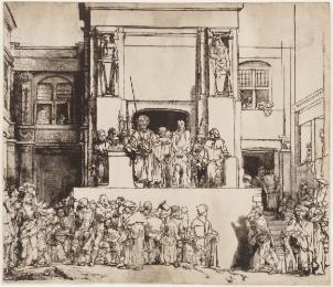 Black and white engraving of Pilate presenting Christ to the people. Pilate and Christ stand on…