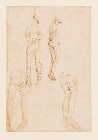 Drawn pen and ink study on paper of two men hanging, and two studies of legs and feet.