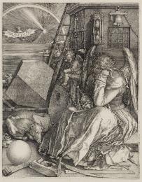 Black and white engraving of the allegorical figure of Melancholia, represented as a seated, wi…