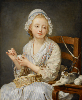 oil painting of a seated woman in a white dress and bonnet winding wool