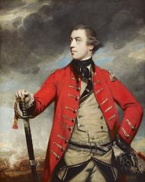 Oil painting of standing man wearing red military coat 