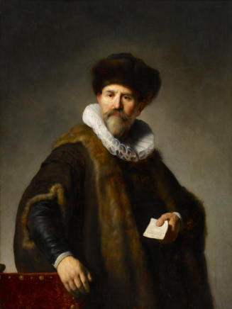 Oil painting of a standing man wearing a fur coat