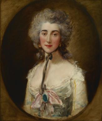 Oil painting of woman wearing white dress