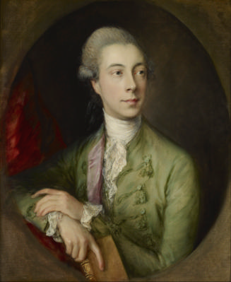 Oil painting of man wearing green coat and holding book