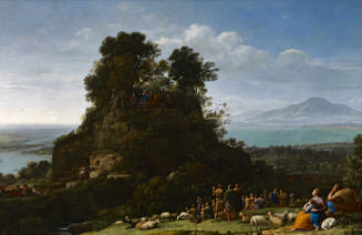 oil painting of Christ preaching on a mountain surrounded by people and sheep