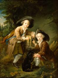 two young boys dressed as Savoyards with a dog in a landscape