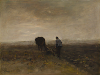 Oil painting of a man plowing a field