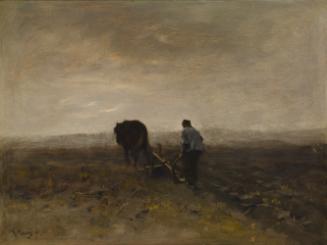 Oil painting of a man plowing a field