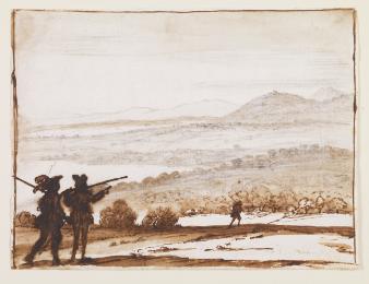 Chalk, pen, ink and brown wash drawing of three men wearing hats and holding rifles, walking in…