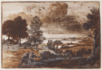Pen, ink and brown and gray wash drawing of two people walking in a pastoral landscape with tre…