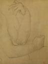 Graphite and black chalk drawing on brown paper of the arms of a nude woman facing to the right…