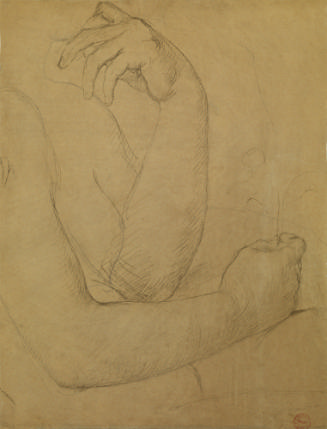 Graphite and black chalk drawing on brown paper of the arms of a nude woman facing to the right…