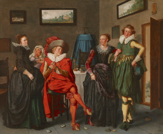 Oil painting of five figures gathered in an interior space