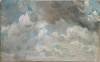 Oil study of dark grey cumulus clouds viewed from below against a blue sky. 