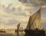 Oil painting of boats on river