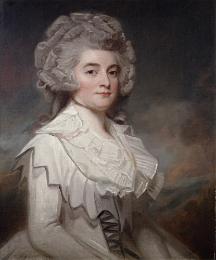 Oil painting of sitting woman wearing a gray and white dress 