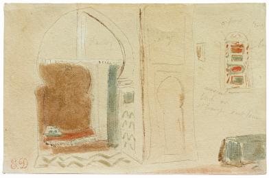 Watercolor and graphite image of a North African house interior