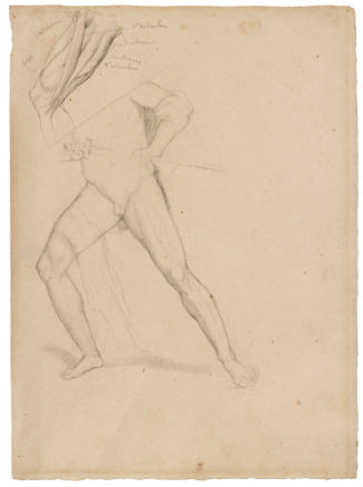 Graphite drawing of a male nude holding a sword lunging to the left with his left hand on his h…