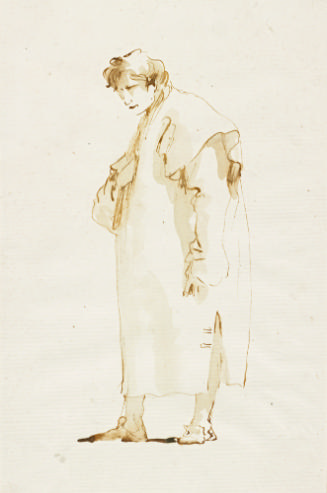 Pen, ink and brown wash drawing of a standing young man facing to the left wearing a loose robe…