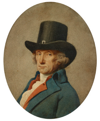 Watercolor portrait of man in tall black hat and blue suit, oval frame