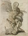 Pen, brown ink and black chalk drawing of a nude man who has fallen onto his back off of his re…