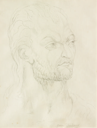 Graphite drawing of the head of a bearded man with long hair and furrowed brows in three-quarte…