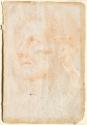 Red chalk faint drawing of the head of a man facing up and to the left in three-quarter view. 