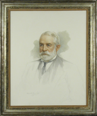 Watercolor portrait of bearded man in suit and tie, in a silver frame