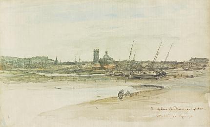 Watercolor drawing of a panoramic view of Dieppe harbor with a chateau and cliffs to the left, …