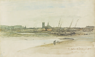 Watercolor drawing of a panoramic view of Dieppe harbor with a chateau and cliffs to the left, …