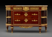 Front view of Neoclassical mahogany commode with open shelves on the side and gilt bronze mount…