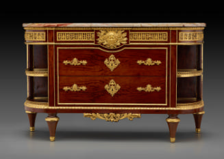 Front view of Neoclassical mahogany commode with open shelves on the side and gilt bronze mount…