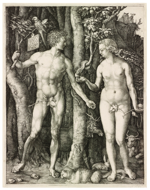 Black and white engraving of Adam and Eve standing nude in the garden of Eden surrounded by ani…