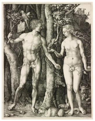 Black and white engraving of Adam and Eve standing nude in the garden of Eden surrounded by ani…