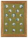 Photograph of sixteen portrait miniatures against a green board surrounded by gold frame