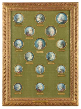 Photograph of sixteen portrait miniatures against a green board surrounded by gold frame