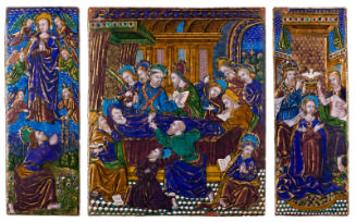 Front image of an enameled polychrome triptych depicting The Death of the Virgin with The Assum…