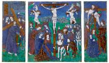 Front view of enameled polychrome triptypch depicting The Way to Calvary; The Crucifixion; The …